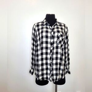 Black White Plaid Flannel Shirt Women's Button Front Terra & Sky Cabin Size 14W